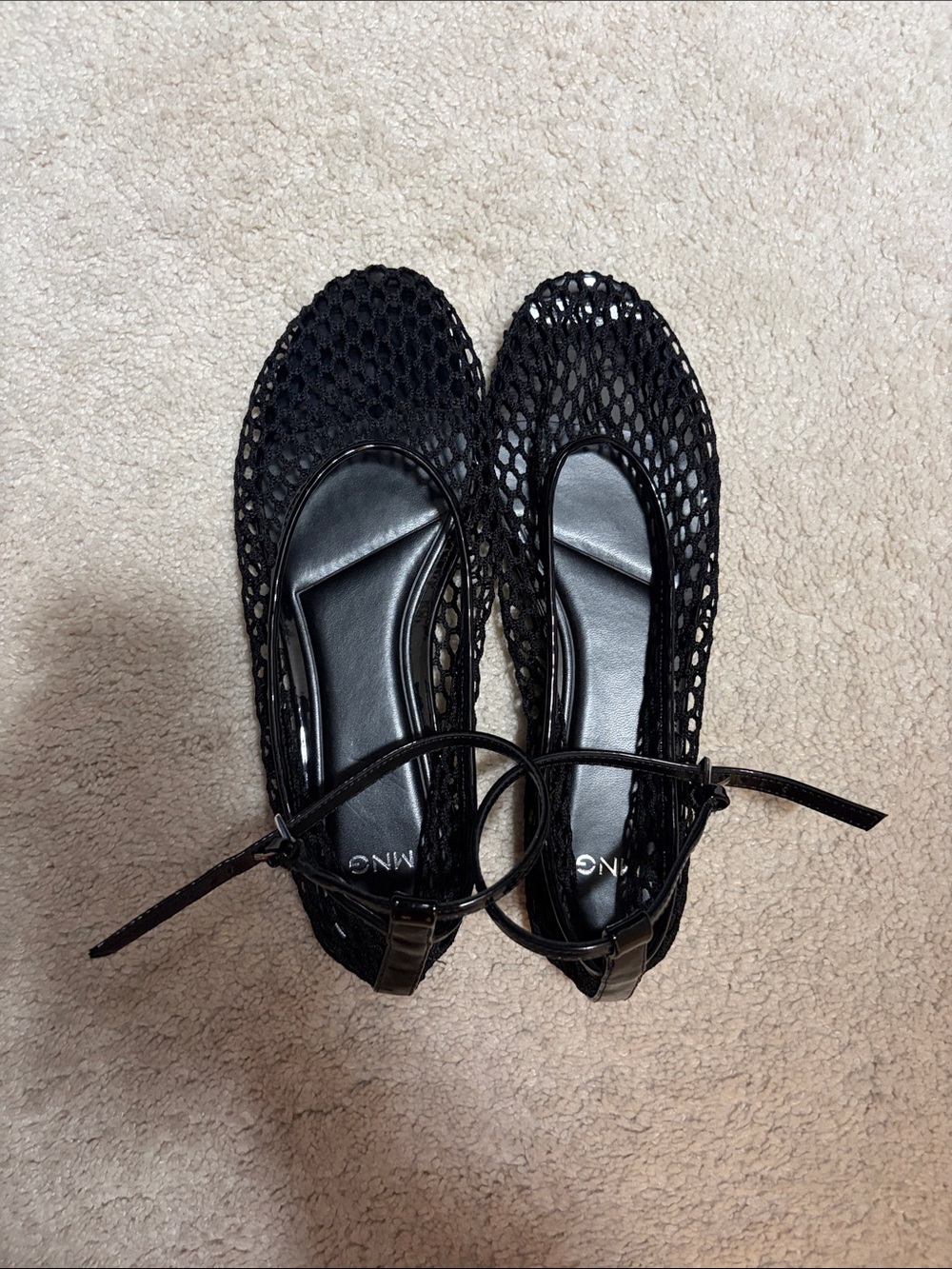 New-Mango Black Mesh Ankle-Tie Ballet Flats